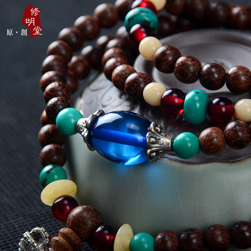 修明堂 保真越南天然金丝沉香佛珠手链手串 108颗奇楠木念珠女款