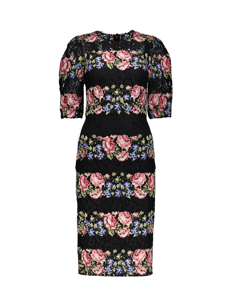 Dolce&Gabbana 黑色圆领彩色印花层次连衣裙