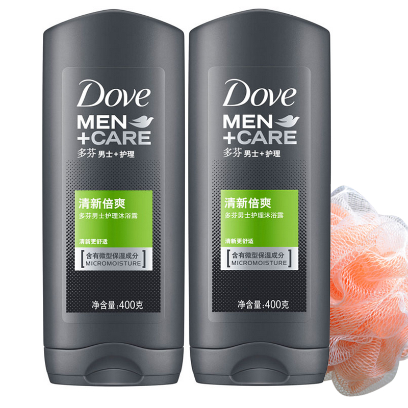 Dove/多芬男士护理清新倍爽男士沐浴露400g*2瓶 活力保湿 赠浴球