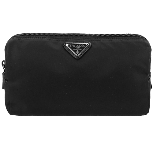 台湾官网直邮进口PRADA 三角标宽版素面尼龙万用包(黑)