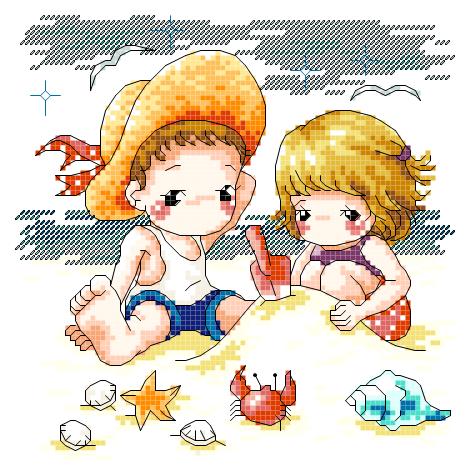 Cross embroidered electronic drawings 524 beach lovers with pillows 88W* 89H25 colour PAT source files