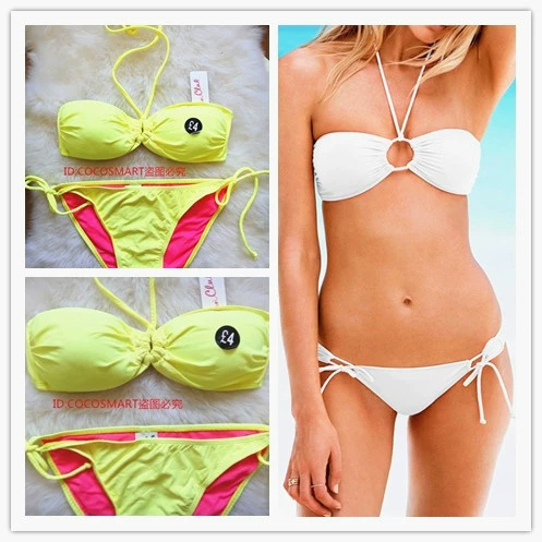 Bên ngoài đơn màu vàng huỳnh quang ống màu trên đầu khóa lại nhỏ tươi mát ren-up bikini áo tắm đồ bơi tắm suối nước nóng kỳ nghỉ bơi - Bikinis