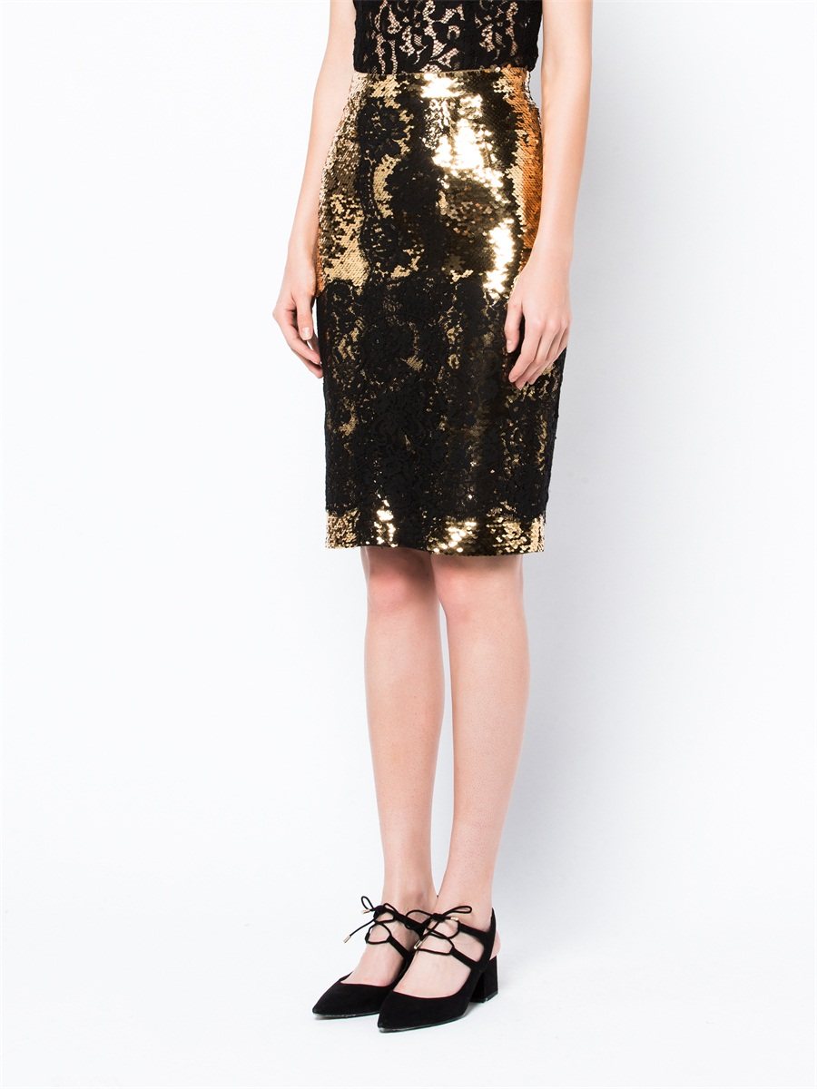 Dolce&Gabbana 黑金色蕾丝亮面半身裙