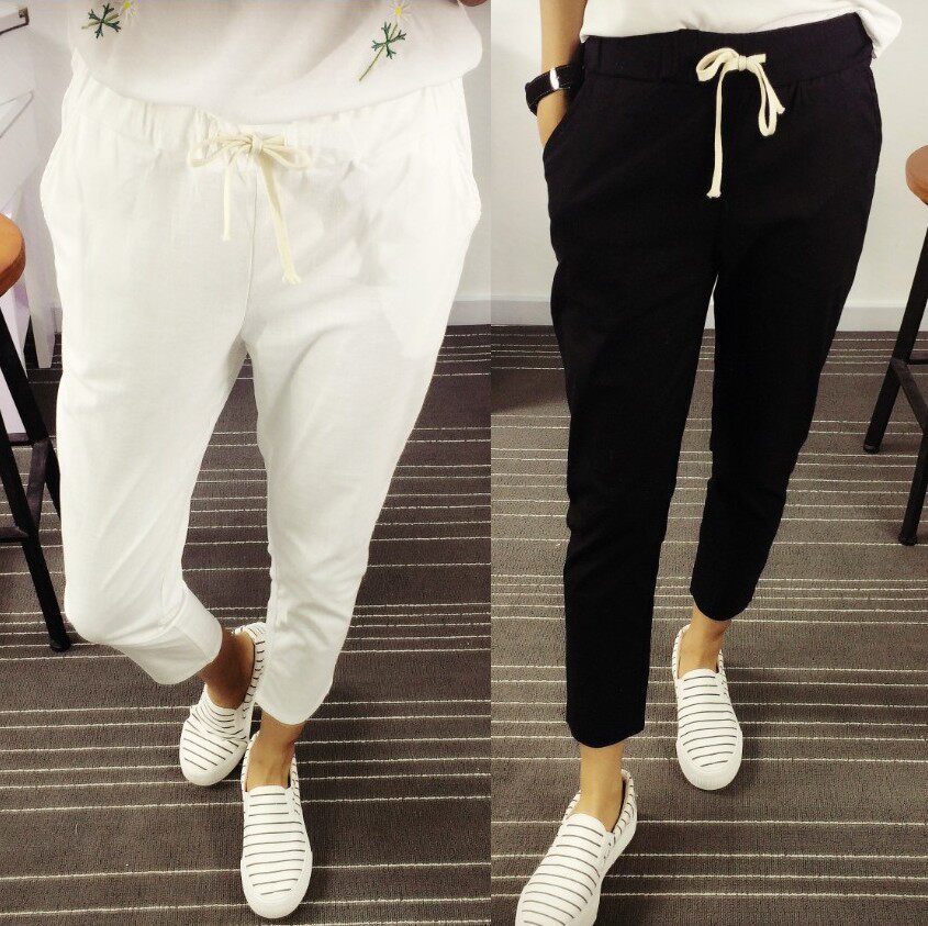 夏季新款女装棉麻长裤子学生显瘦九分小脚裤宽松大码休闲哈伦裤女