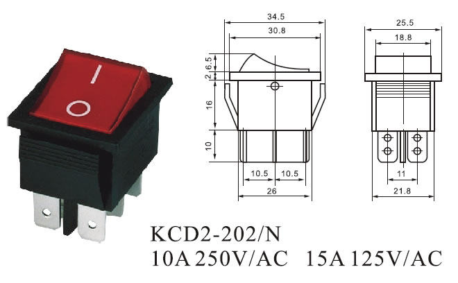 AC power switch with lamp rocker switch 16A250V KCD2 six-pin two-speed spot is green or red