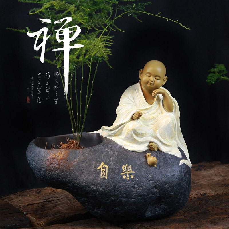 TQJ Monk Mercy Resin Small Shisha Miya Creative Fake Mountain Home Craft Ornament Chinese Living Room Book Room Desk