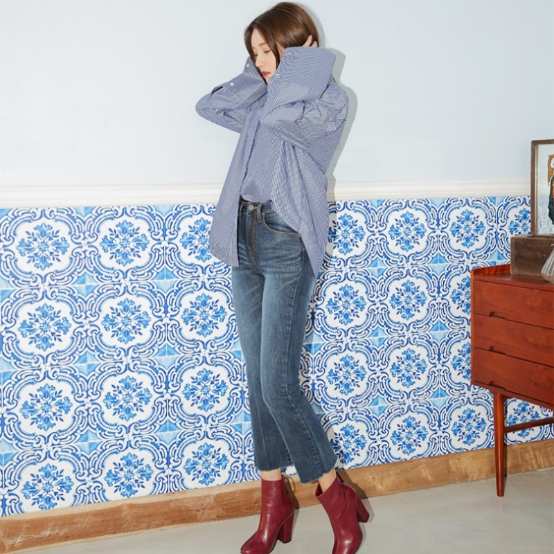 韩国stylenanda官方正品 复古磨白点缀毛边微喇牛仔裤－牛仔蓝色