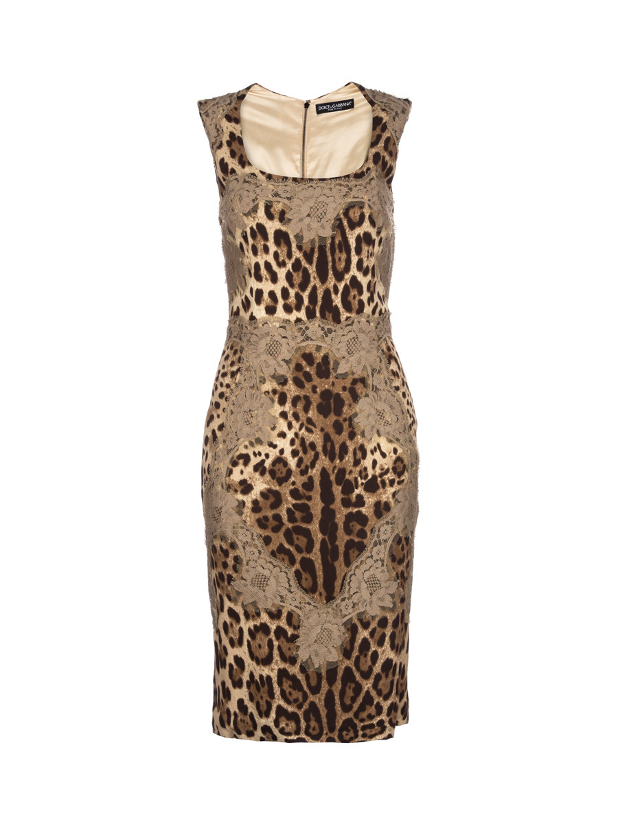 Dolce&Gabbana 豹纹蕾丝拼接圆领连衣裙