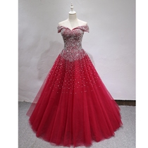 Luxurious shimmery red wedding dresses Thin Bridal Evening Gown Toast to Door Banquet Big Code Night Dress long