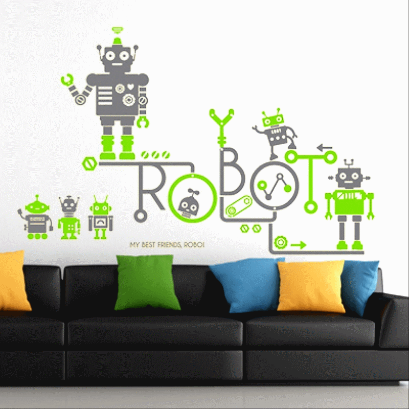 robot stickers technology company children's room floor glass window