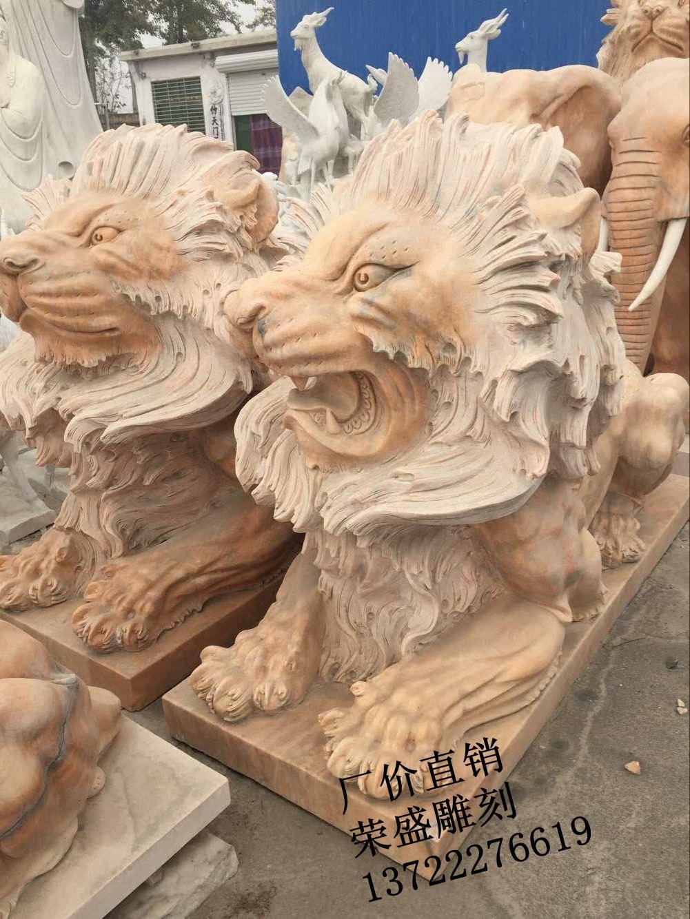 Stone carving European lion Natural white marble lying stone lion ornaments Sunset Red squat lion Modern European lion