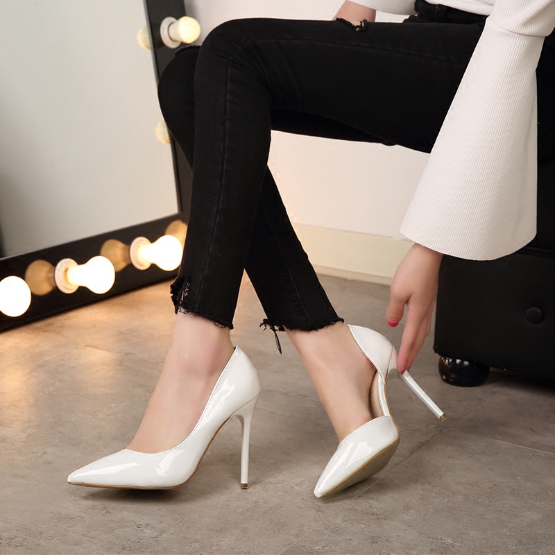 2022 spring and autumn new Korean version thin white high heels 10CM stiletto sexy pointed shallow mouth women's single shoes wedding shoes