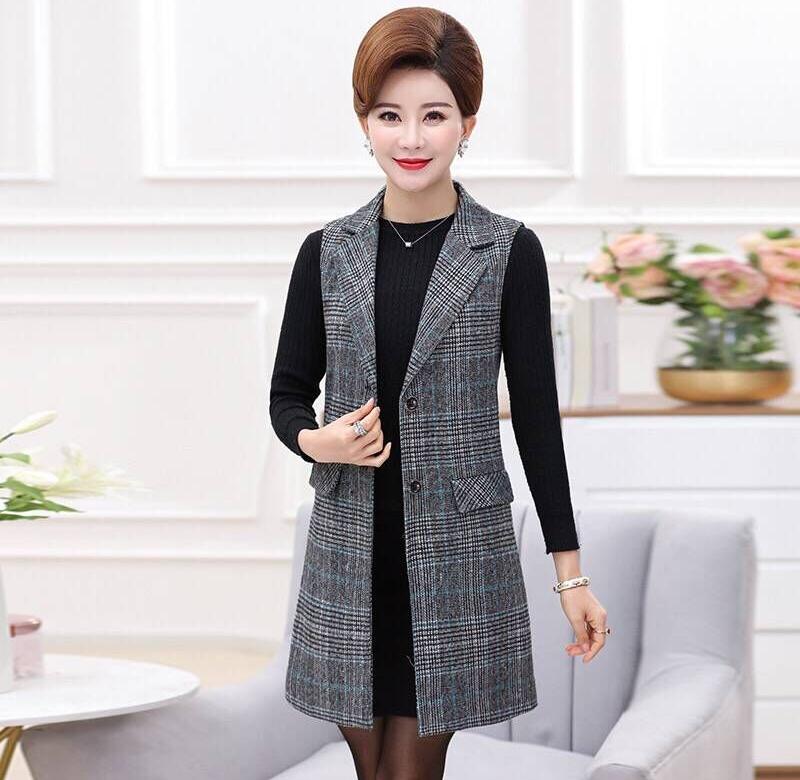 Metropolitan Sexy Limen Waistcoat Jacket Lady Spring Autumn Clothing Moms Dress Plaid Sleeveless Vest Medium Long Version Big Size Women 