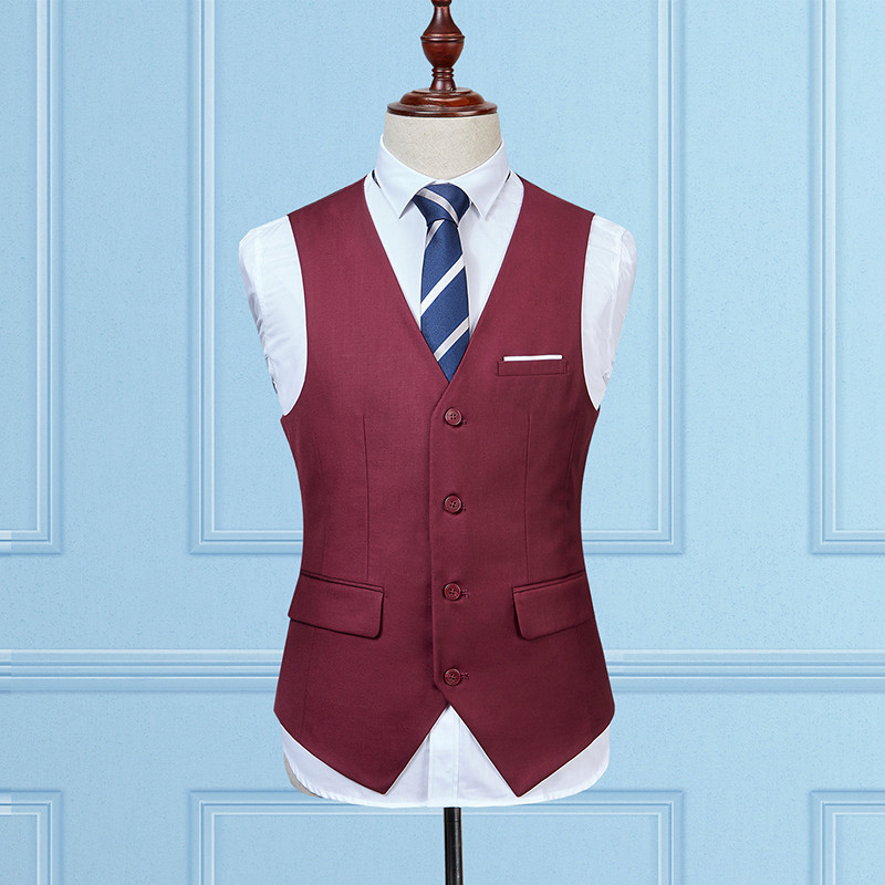Suit-Style Vest for Men, Business British-Style Vest, Spring and Autumn Korean Version Trendy Formal Vest, Burgundy Sleeveless Top