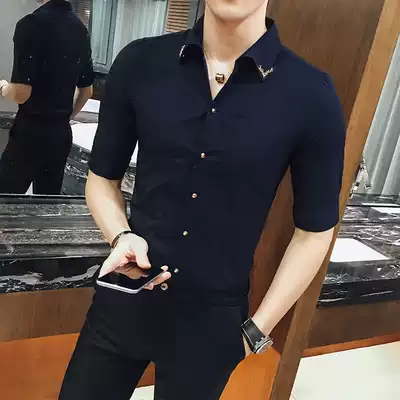 Summer casual hair stylist shirt boys Korean version of Slim Sleeve 7 points shirt thin trend Wild