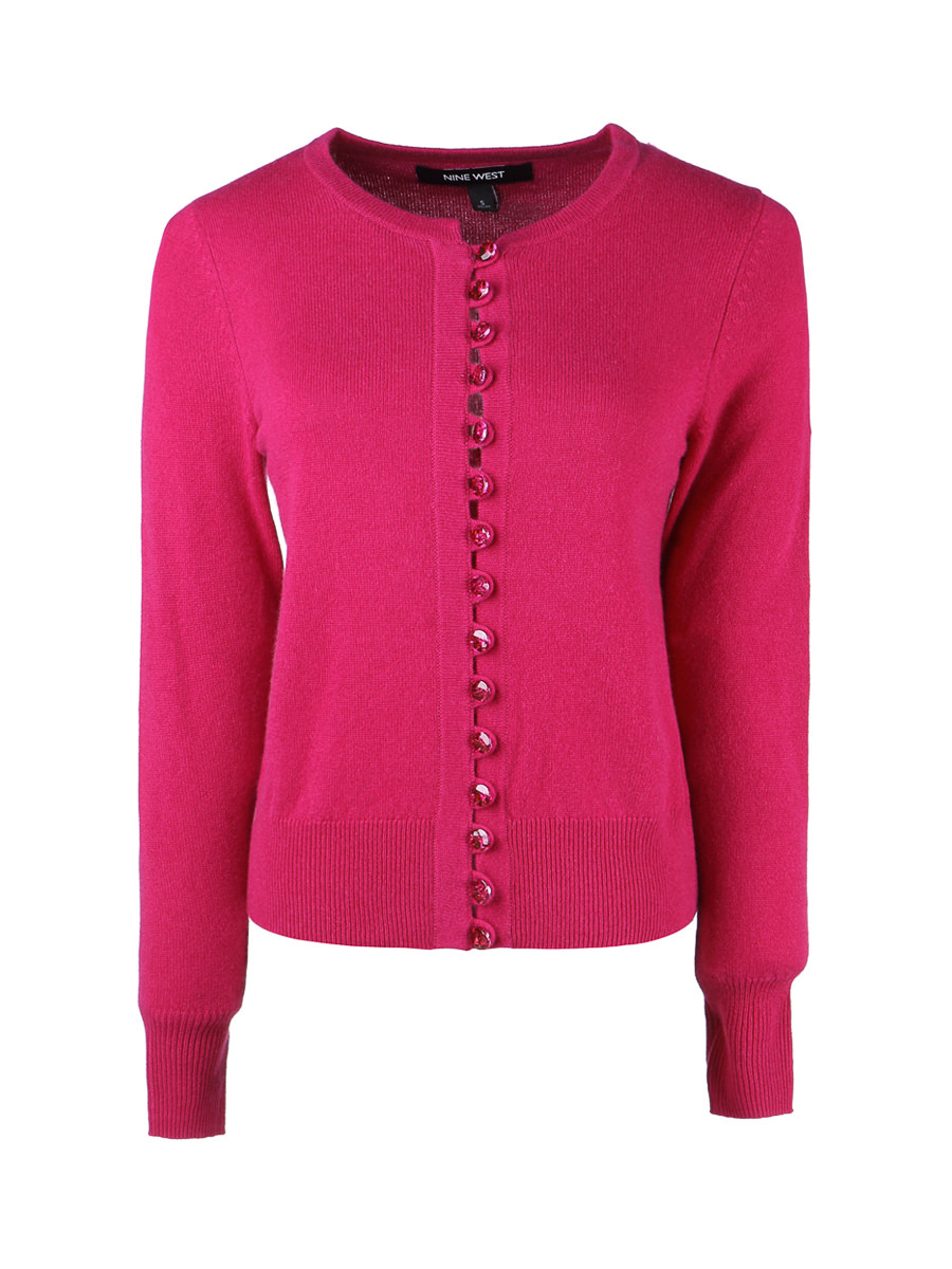 Nine West/玖熙 玫红色纽扣圆领针织开衫