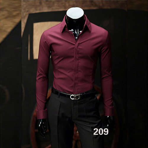 Wine red big collar Korean version business without buttons men's slim long-sleeved shirt comfortable iron-free anti-wrinkle shirt