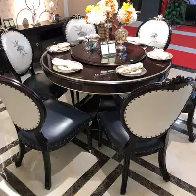European-style dining table and chair combination Neoclassical light luxury high-end round table dining table for 6 people simple solid wood dining table leather dining chair