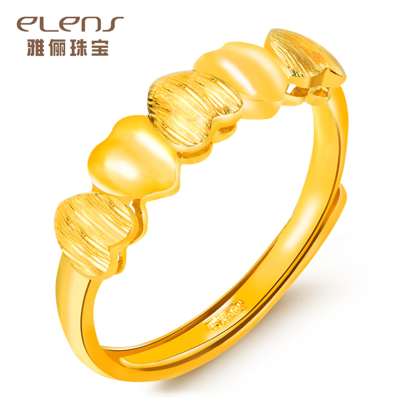 elens/雅俪珠宝黄金戒指女款时尚足金心连心亮面拉丝婚戒指环