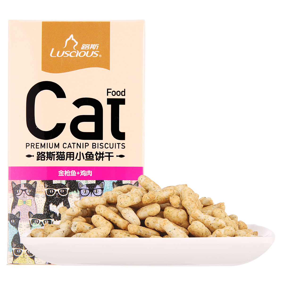 波奇网宠物食品猫零食路斯均衡营养控制毛球猫饼干金枪鱼+鸡肉80g