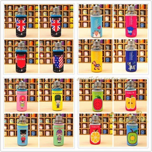 Qingku cartoon illustration animation glass cup non-slip insulation cover 300ML portable hand warmer gift cup