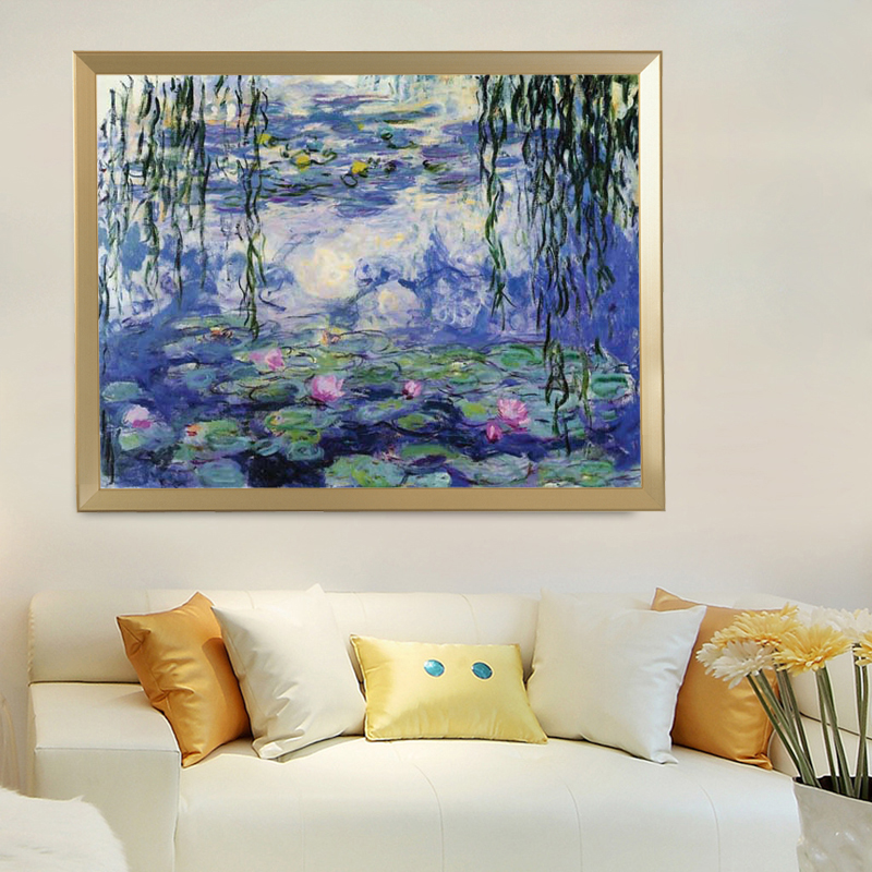 Precise printing of French DMC cross embroidery world famous Monet painting Sleeping Lotus and Willow Blue
