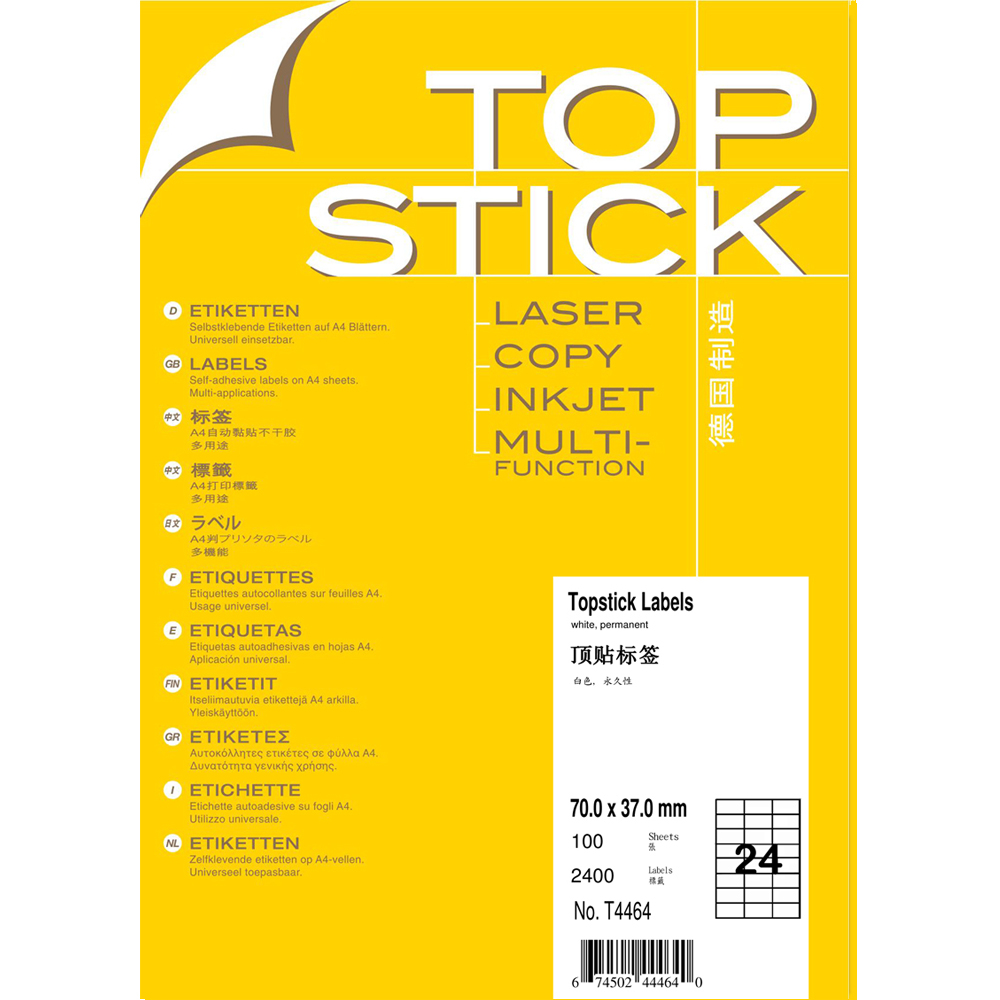 TOPSTICK Germany Top T4464 A4-100 Sticker Printing Label 70 0x37 0mm