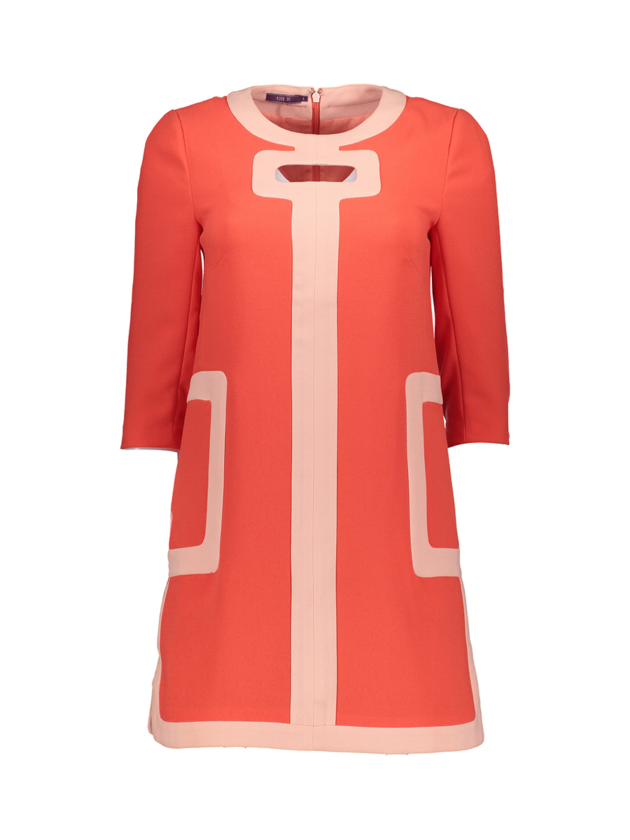 JESSICA 橘红色拼接条纹七分袖连衣裙