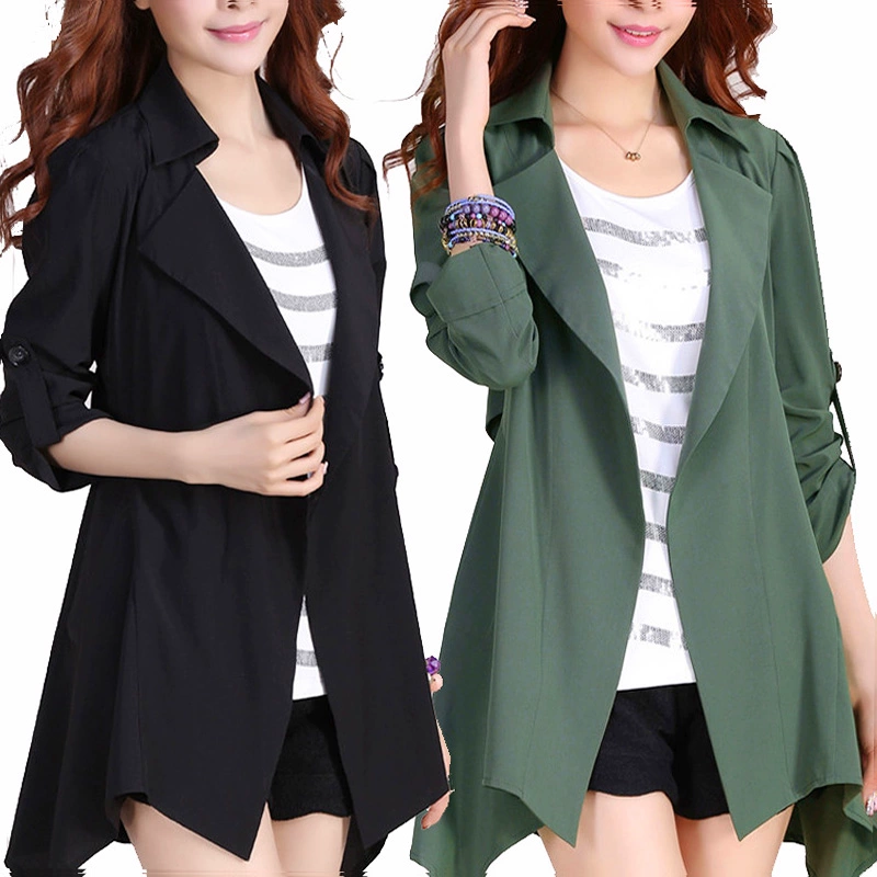 Phần mỏng ve áo màu lớn áo khoác nữ cỡ lớn áo khoác nữ mùa xuân và mùa thu áo gió trung thu dài tay phong cách Hàn Quốc mỏng - Trench Coat