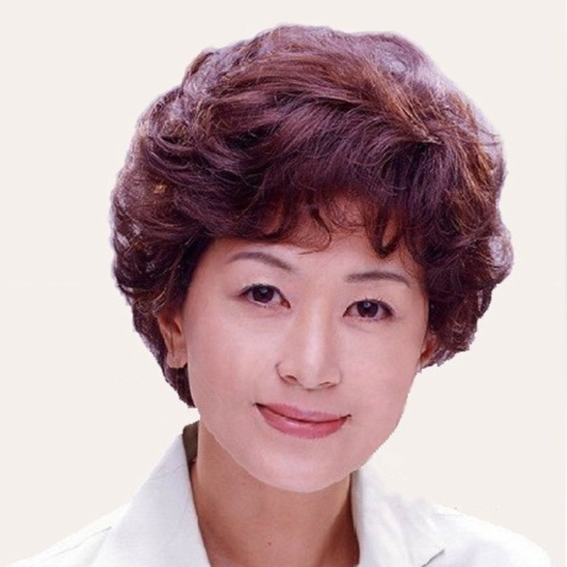透气蓬松中老年假发 真发女短发 妈妈假发套 圆脸短卷发jiafa