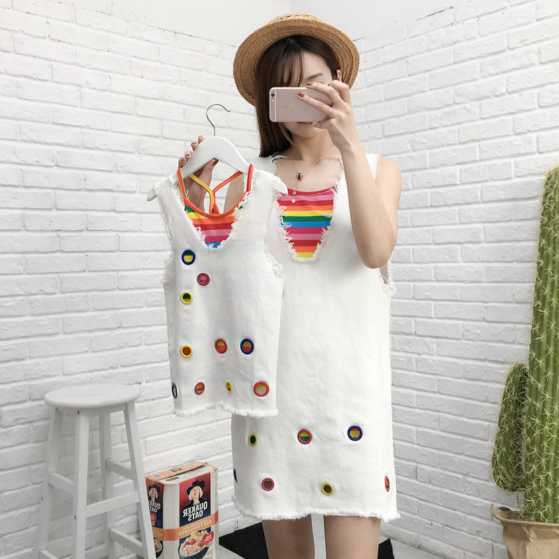 Parent-child summer dress 2022 new trendy mother and daughter dress denim strap dress vest skirt rainbow sleeveless skirt suit