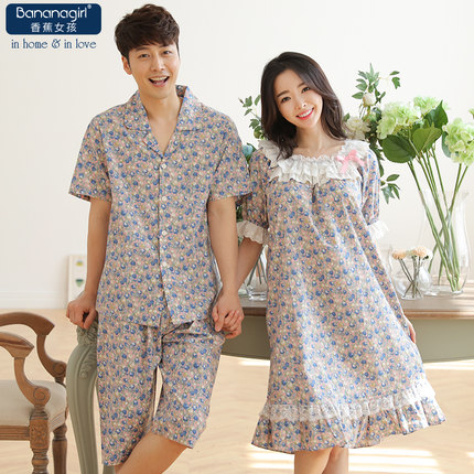 香蕉女孩蕾丝睡裙女夏纯棉情侣睡衣可爱公主睡