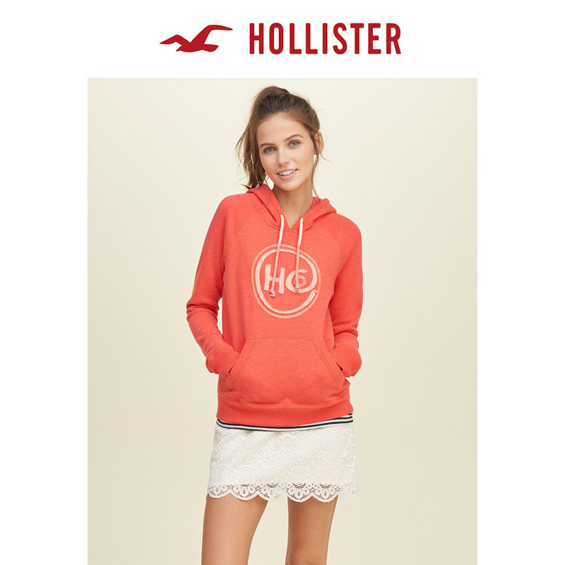 Hollister 2016春装新款标识贴花图案帽衫卫衣 女 112305