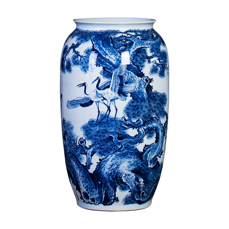 Jingdezhen ceramics hand - made ground of blue and white porcelain vase pine crane, live home sitting room adornment is placed large