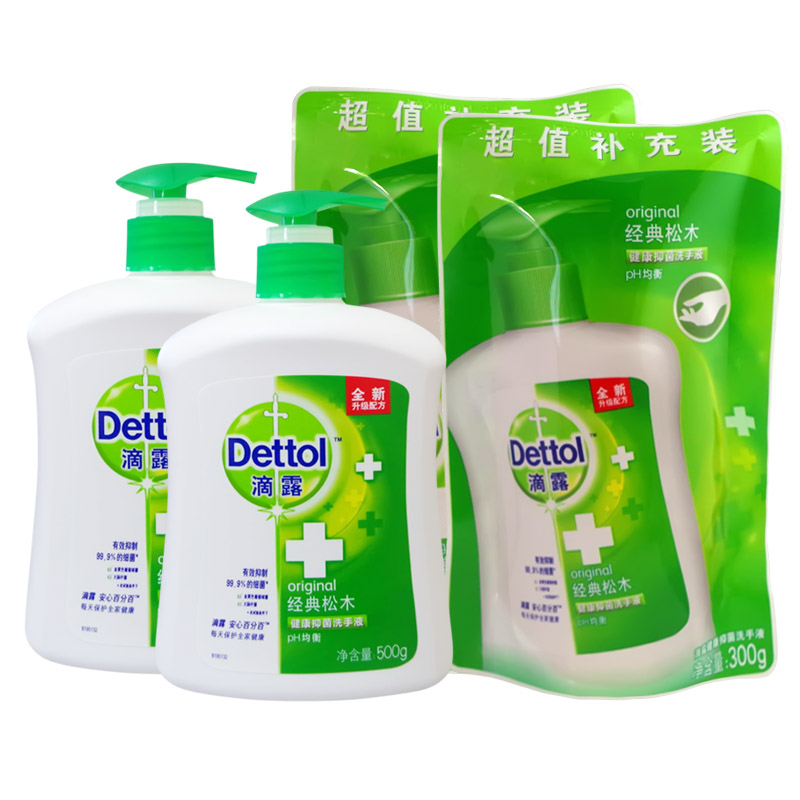 detool滴露健康抑菌洗手液经典松木香500g*2瓶+300g*2袋组合装