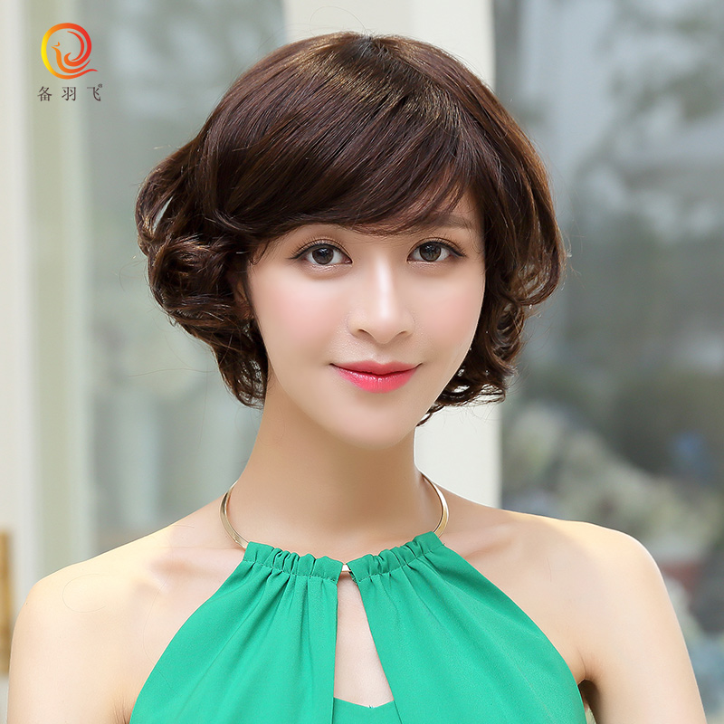 备羽飞 短卷发 真发假发女中老年假发套妈妈假发套优雅短卷发套