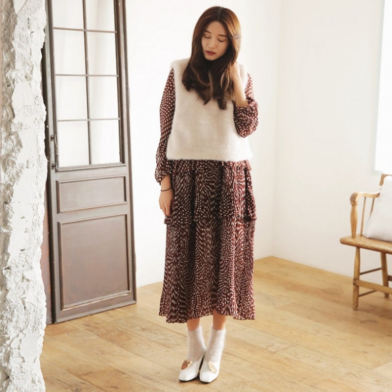 韩国stylenanda官方正品 优雅款层次感褶皱摆印花连衣裙-棕色