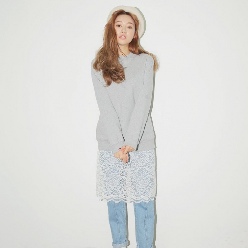 韩国stylenanda官方正品 性感镂空蕾丝拼接圆领连衣裙-混合灰色