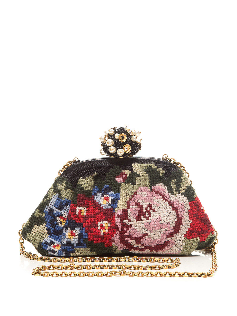 Dolce&Gabbana 黑底彩色绣花珠扣链条晚宴包
