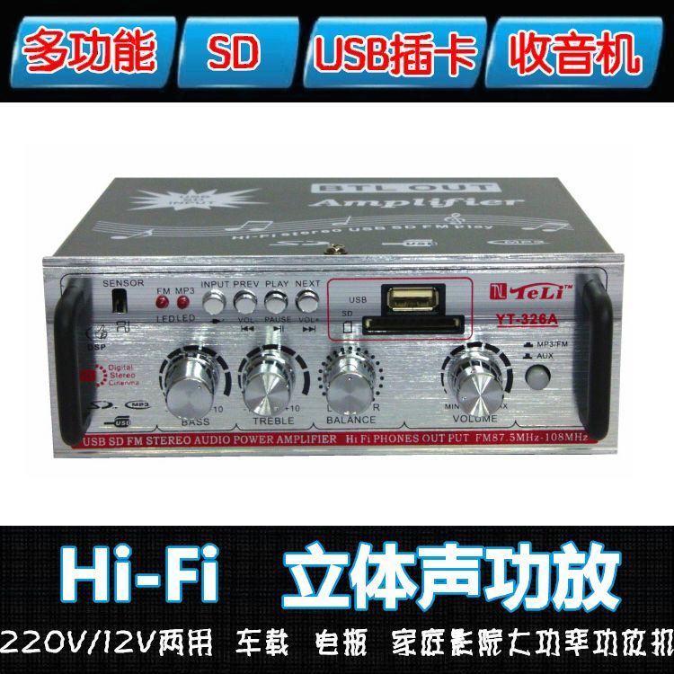 Home car 220V 12V mini small power amplifier Audio power amplifier plug U disk card reader FM radio