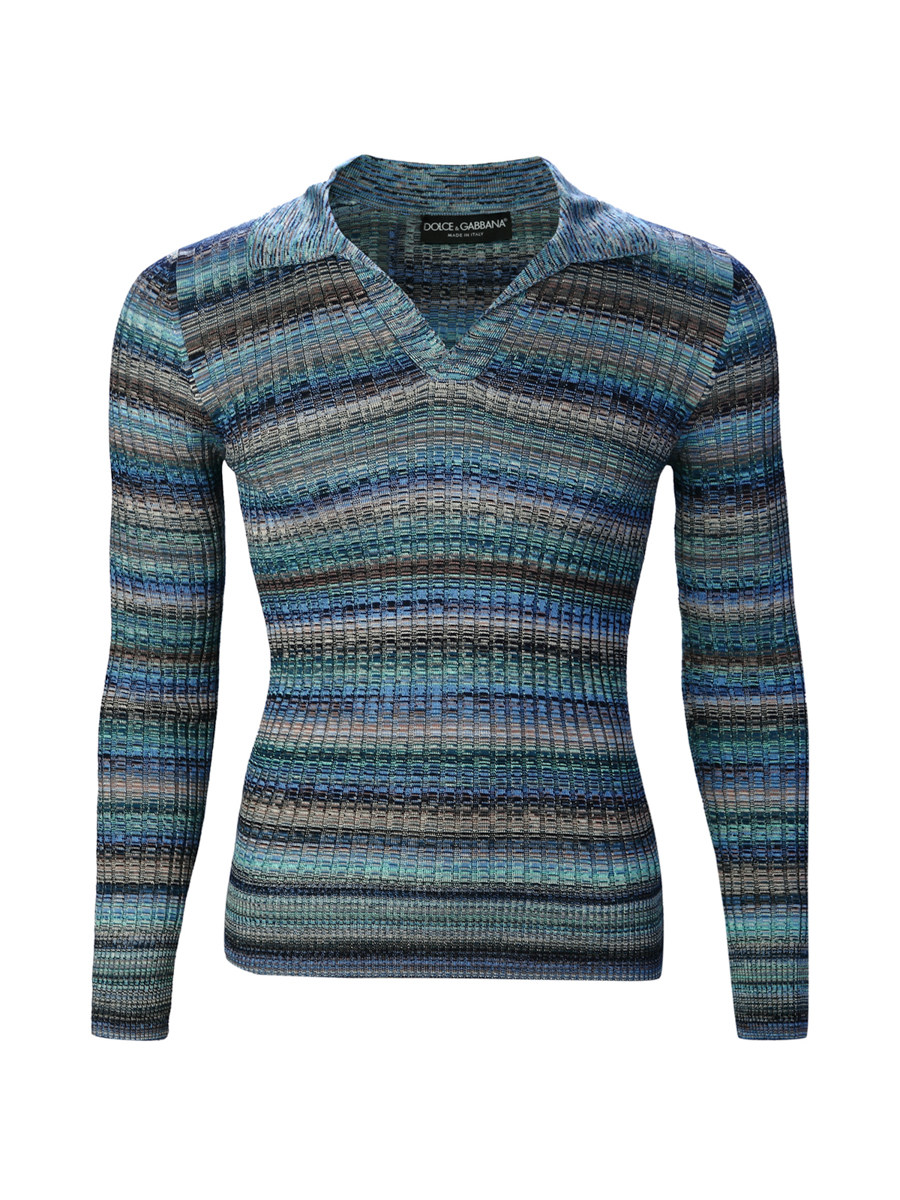 Dolce&Gabbana 蓝色渐变条纹紧身v领长袖上衣