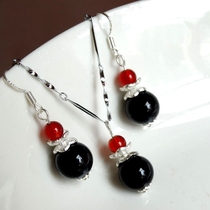 The beauty of ancient rhyme natural black agate wangjiawang business Eight Square come financial Jade eardrop pendant necklace 925 silver hook