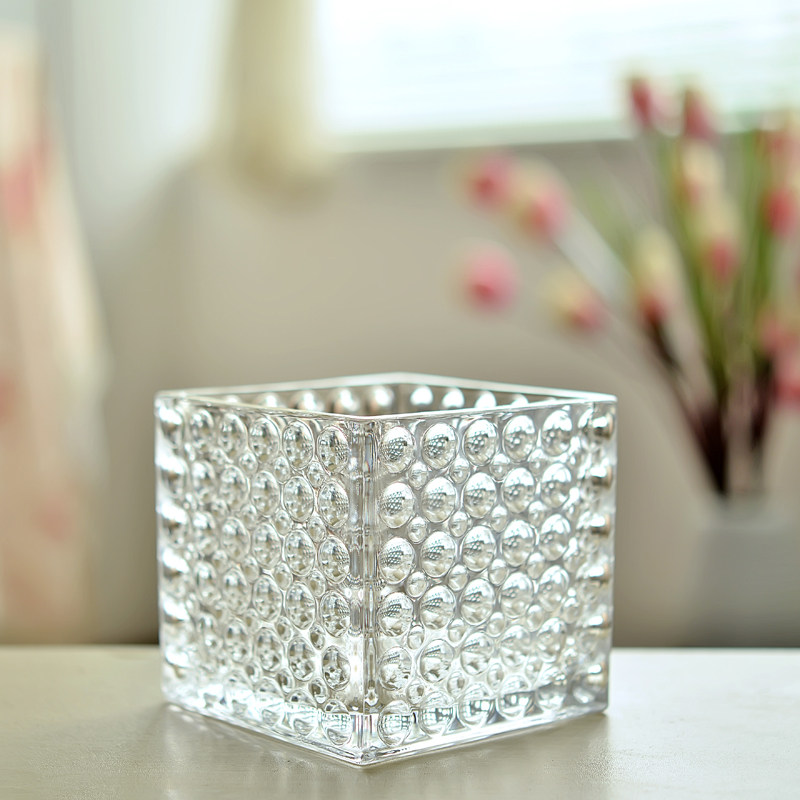 Creative thickened square glass vase hydroponic green dill dot transparent glass small bead point square cylinder table vase