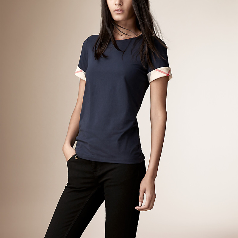 BURBERRY/博柏利格纹袖口弹力棉质 T 恤衫 38773191