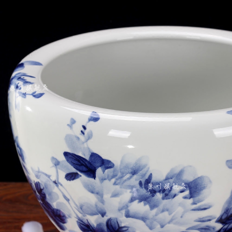 Jingdezhen ceramics brocade carp goldfish bowl of blue and white porcelain peony water lily lotus tortoise cylinder household adornment furnishing articles