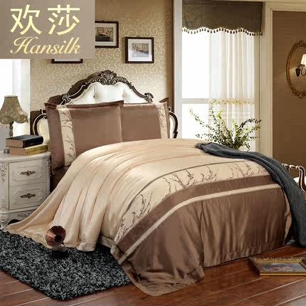 Hansilk\/欢莎刺绣真丝四件套纯色四件套桑蚕丝