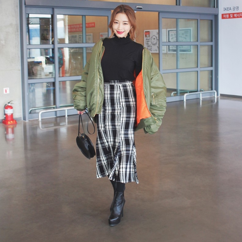 韩国stylenanda官方正品 复古风格纹高腰鱼尾半身裙-黑色