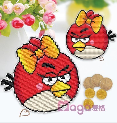 A cross-stitch coin purse Small wallet cartoon L004 red bird