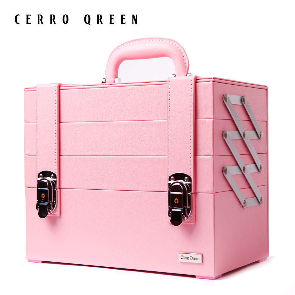 彩妆工具品牌cerro qreen粉色三层手提化妆箱 带化妆镜 新品推荐