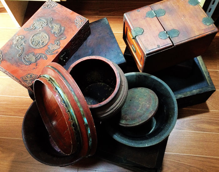 Antique Ming and Qing Old furniture Painted Bronze Painting Barrel Dresden paperbox Tea Tray Leather Case with a few piles-Taobao